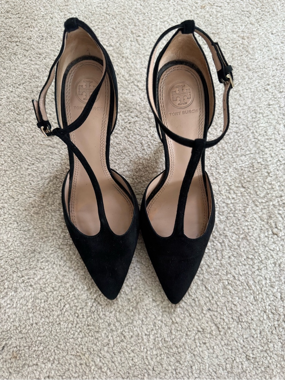 Tory Burch Black Suede T-Strap Pointed Heels